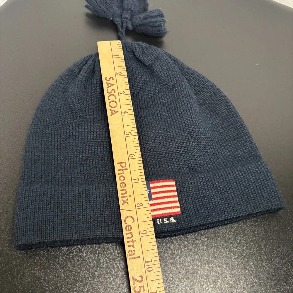 VINTAGE Polo Ralph Lauren‎ Polo USA Flag Beanie Hat Wool Knit Navy Blue